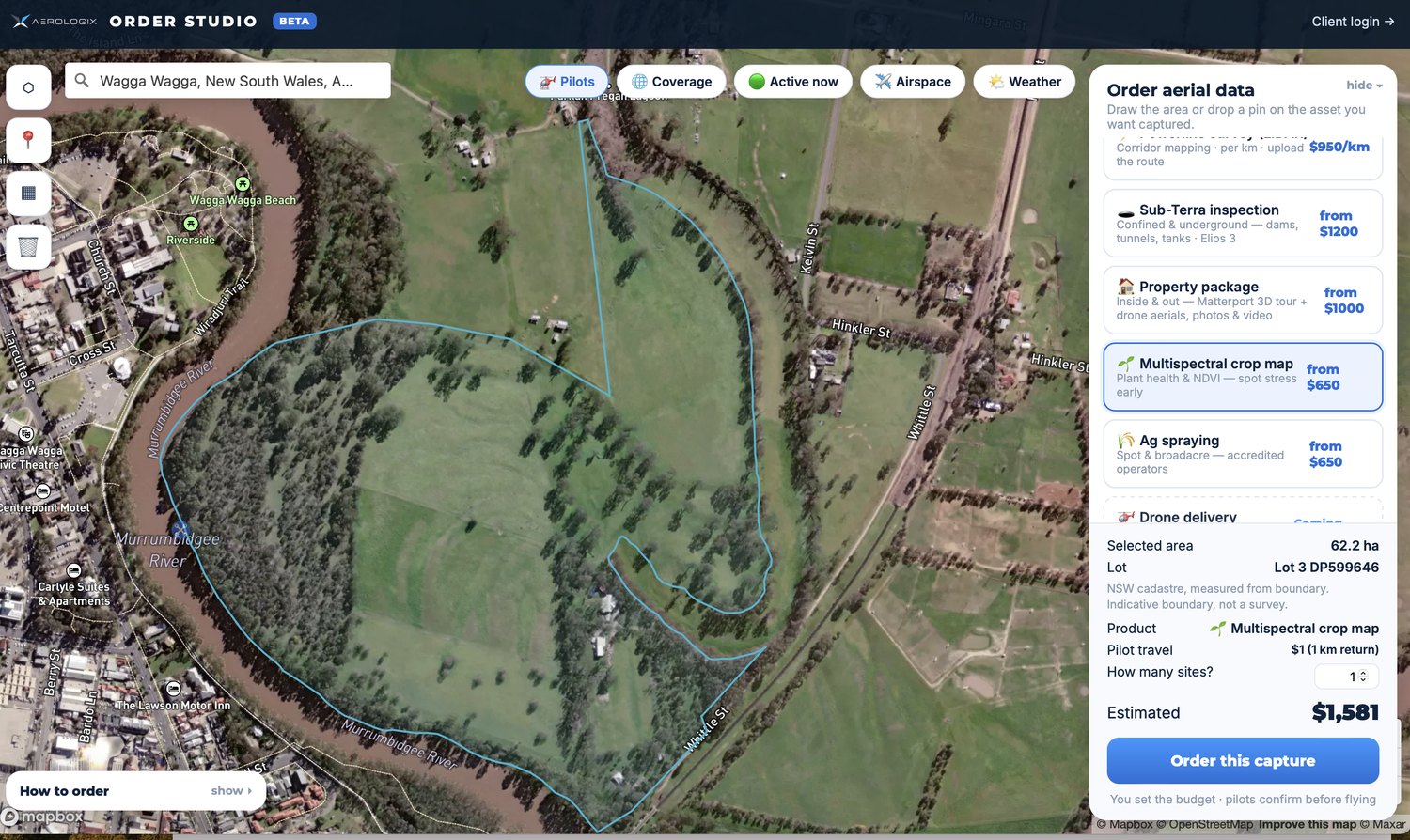 An Order Studio multispectral crop map quoted over 62.2 hectares at Wagga Wagga, New South Wales, at $1,581