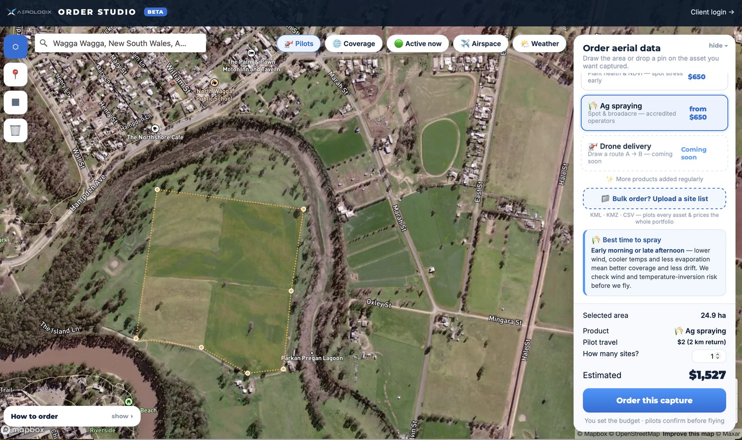 An Order Studio ag spraying job priced live over 24.9 hectares at Wagga Wagga, New South Wales, at $1,527
